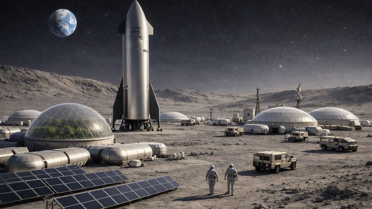 Illusstrazione IA del lander di Starship sulla superficie della Luna: il veicolo con cui SpaceX collabora al programma Artemis della NASA e che Elon Musk indica come base per futuri insediamenti lunari autosufficienti