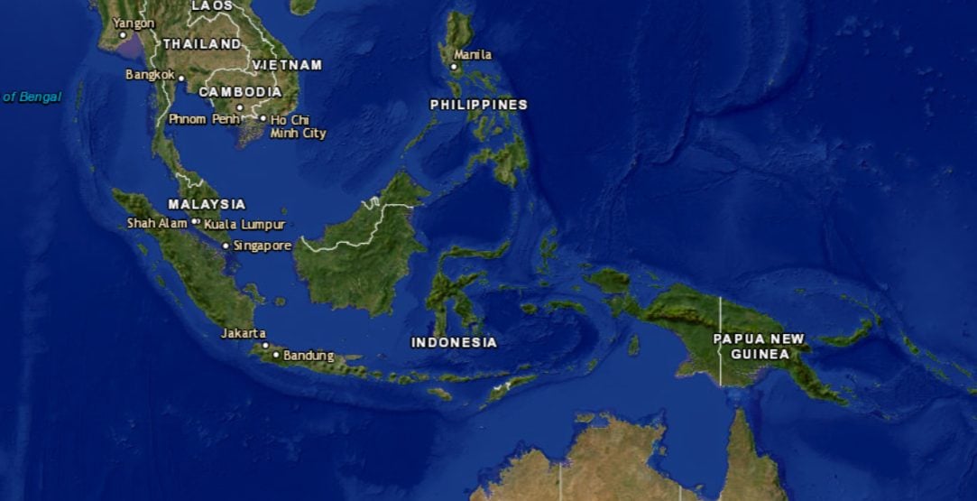 Mappa dei Paesi nell’Oceano Indiano con innalzamento del livello del mare di 1 metro. Credit: FloodMaps