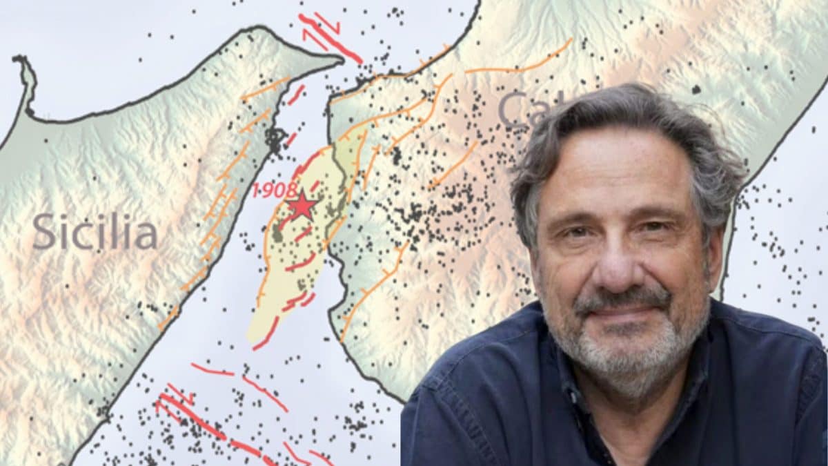 Sullo sfondo un’immagine dallo studio dell’INGV, in primo piano Mario Tozzi