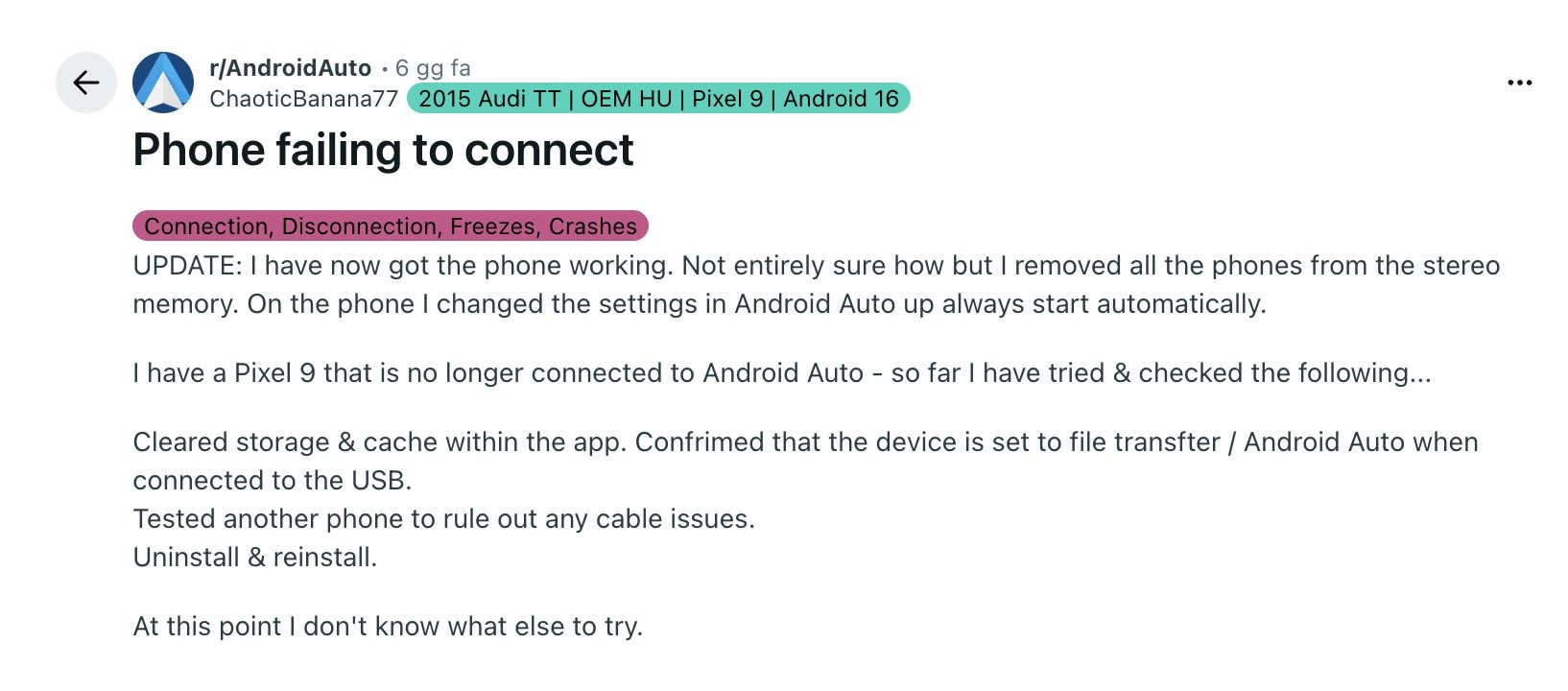 REDDIT | Una testimonianza con i problemi di Android Auto