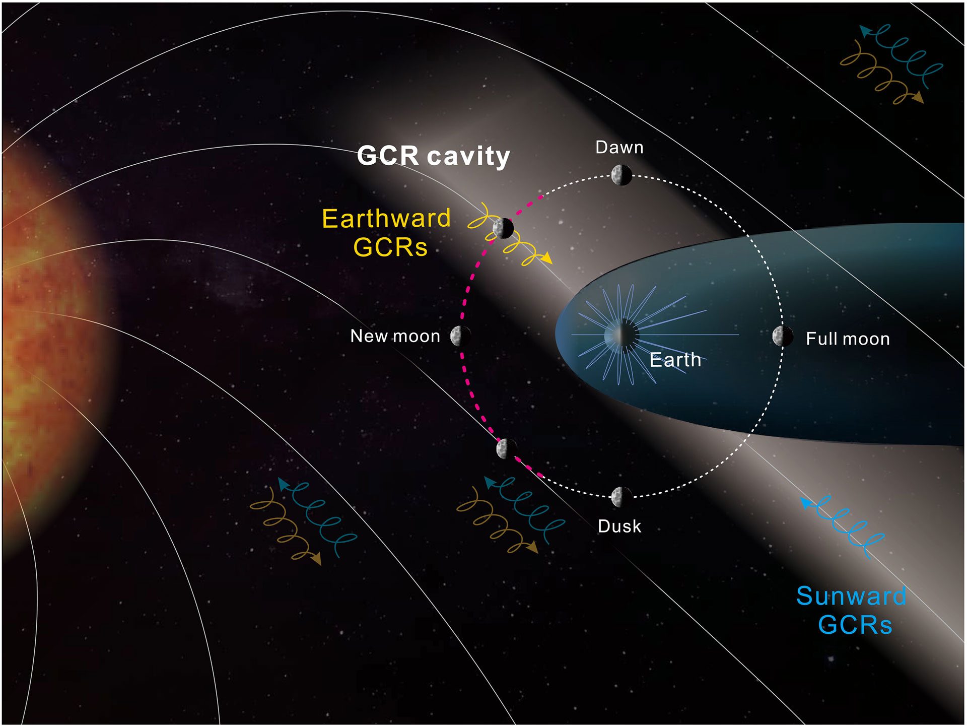 Illustrazione della “cavità” di raggi cosmici tra Terra e Luna: il campo magnetico terrestre devia parte delle particelle, creando una regione a minore radiazione lungo l’orbita lunare / Credit: Science Advances