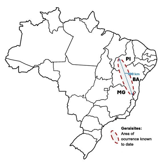Mappa della distribuzione delle “geraisites” in Brasile: i frammenti di tectite sono stati trovati tra gli stati di Minas Gerais, Bahia e Piauí lungo una fascia che supera i 900 chilometri. Credit: Álvaro Penteado Crósta/IG–UNICAMP