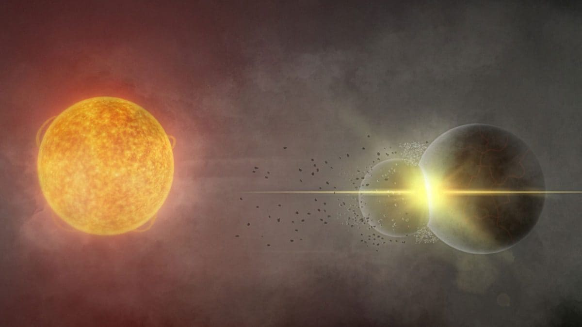 Illustrazione della collisione planetaria attorno alla stella Gaia20ehk / Credit: Andy Tzanidakis
