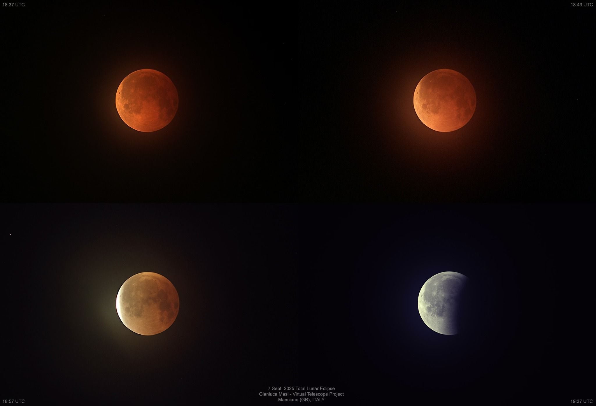 Fasi dell’eclissi di Luna. Credit: Gianluca Masi / Virtual Telescope Project