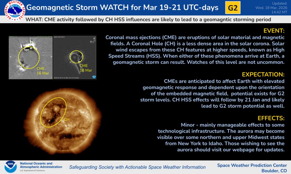 Il bollettino della NOAA sull’allerta per le tempeste solari in arrivo. Credit: SWPC/NOAA