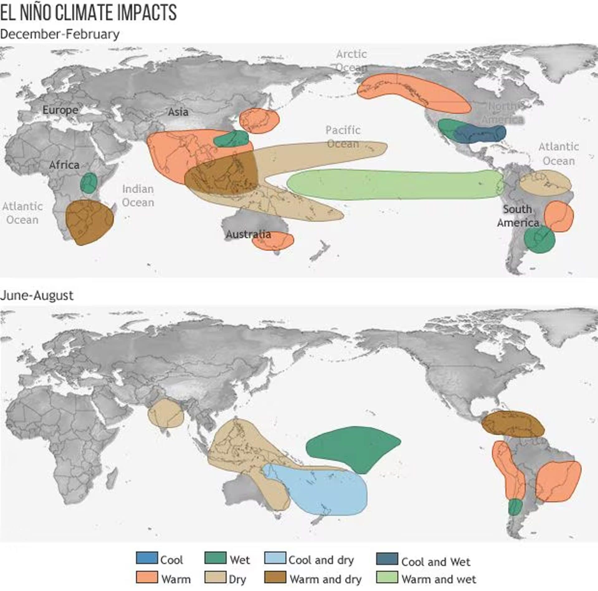 Mappa dei principali impatti climatici associati a El Niño nel mondo nelle diverse stagioni. Crediti: NOAA Climate.gov.