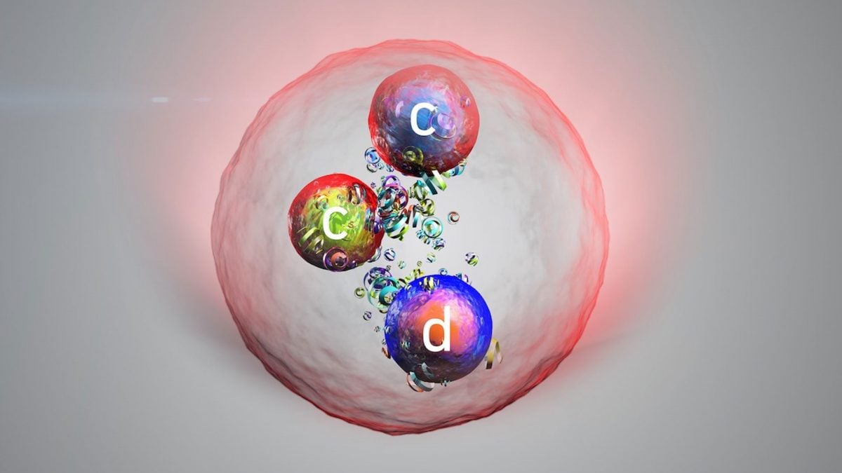 Illustrazione della particella Xi_cc+ osservata nell’esperimento LHCb al CERN: è simile a un protone ma circa quattro volte più pesante / Credit: Chris Parkes