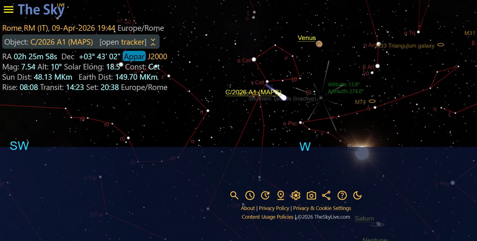 La posizione della cometa alle 19:44 del 9 aprile 2026 nel cielo di Roma. Credit: TheSkyLive