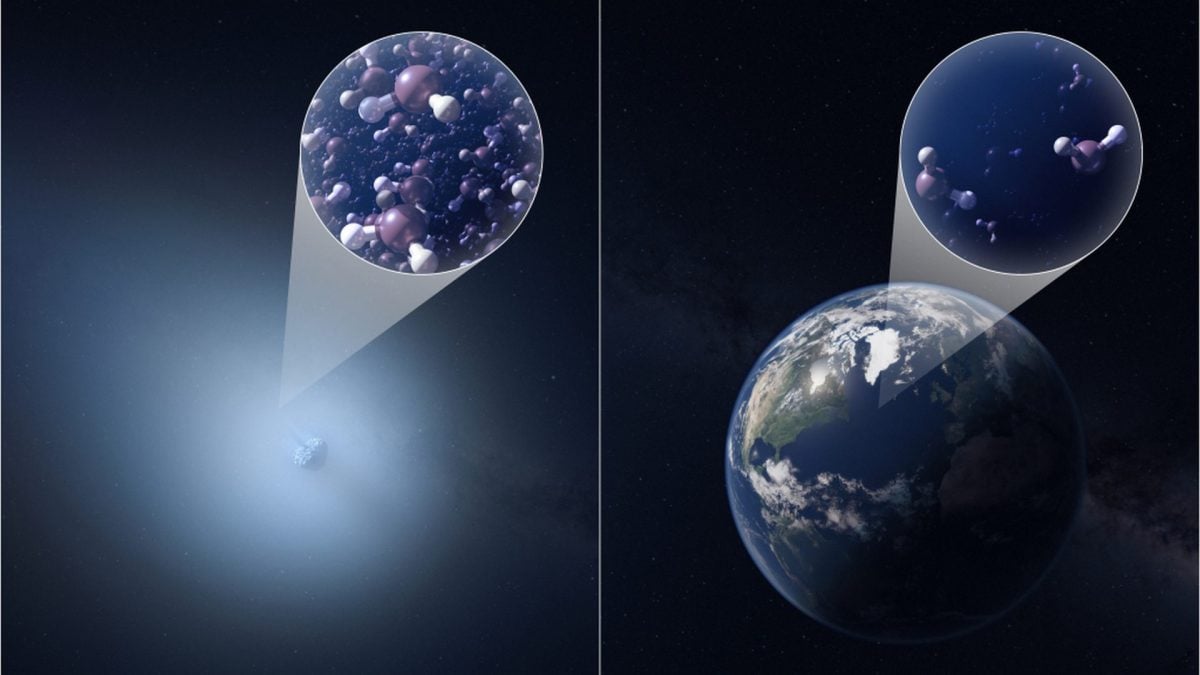 La grande concentrazione di acqua semi–pesante (1 atomo di deuterio) su 3I/ATLAS rispetto a quella presente sulla Terra. Credit: NSF/AUI/NSF NRAO/M.Weiss