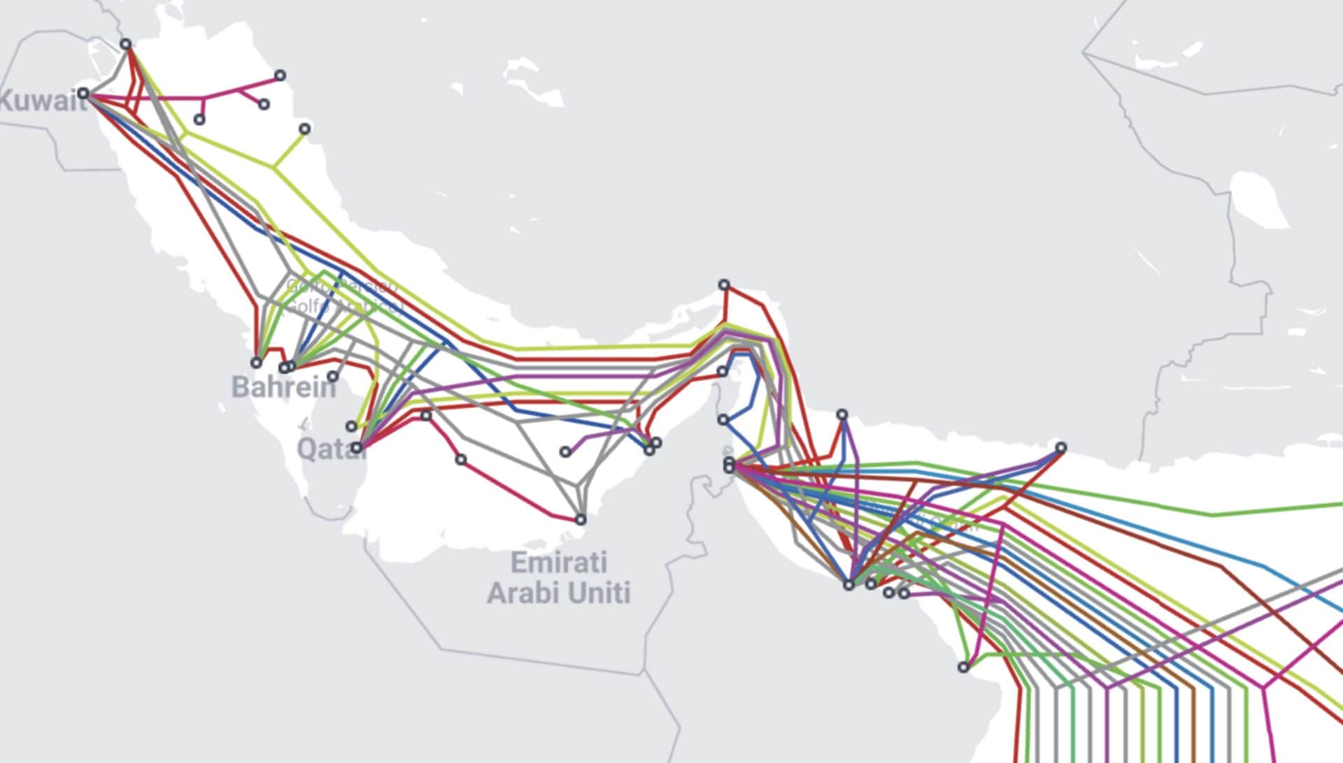 La rete di cavi sottomarini che passa attraverso lo Stretto di Hormuz | Telegeography