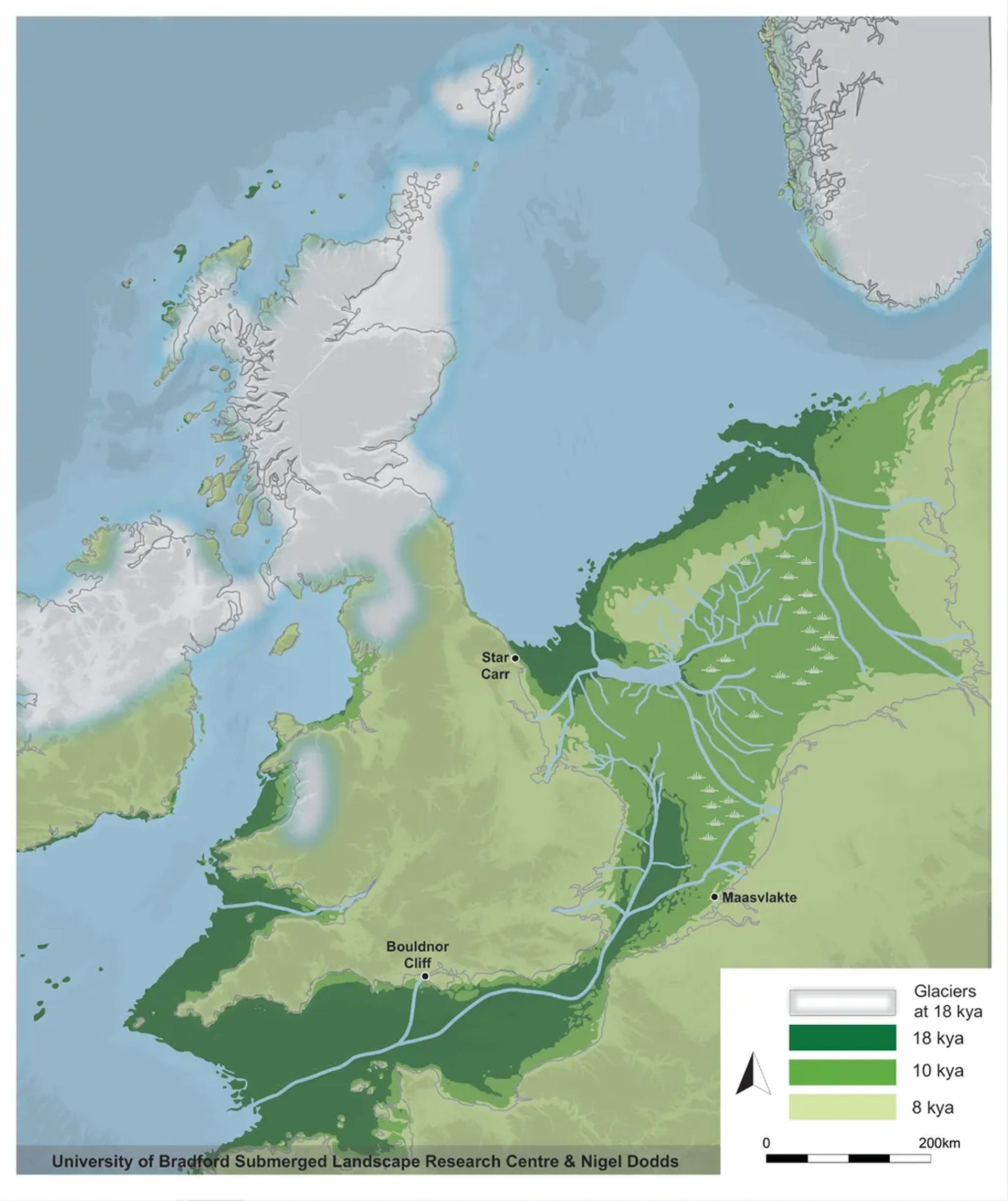 di Doggerland tra 18.000, 10.000 e 8.000 anni fa, prima della formazione del Mare del Nord. Credit: University of Bradford Submerged Landscape Research Centre e Nigel Dodds