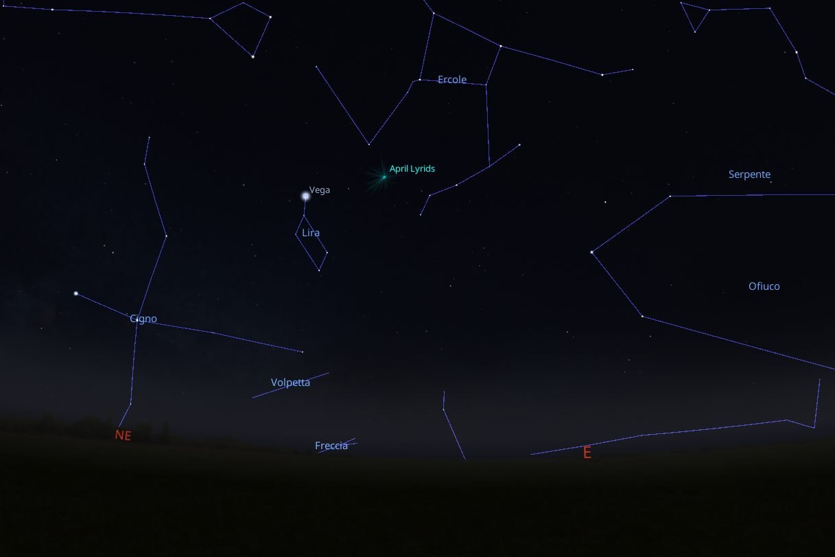 La posizione del radiante delle Liridi nel cielo del 22 aprile 2026. Credit: Stellarium