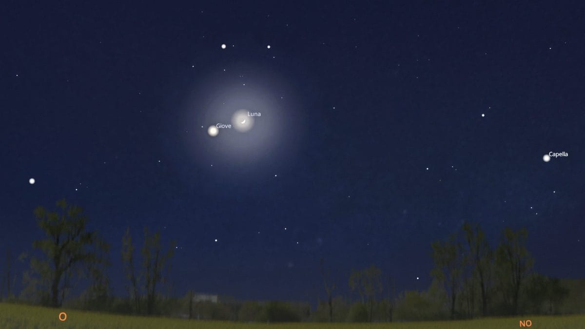 Lo spettacolare quadrilatero che la Luna, Giove e le stelle Castore e Polluce disegneranno nel cielo d’Italia la sera del 22 aprile 2026. Credit: Stellarium