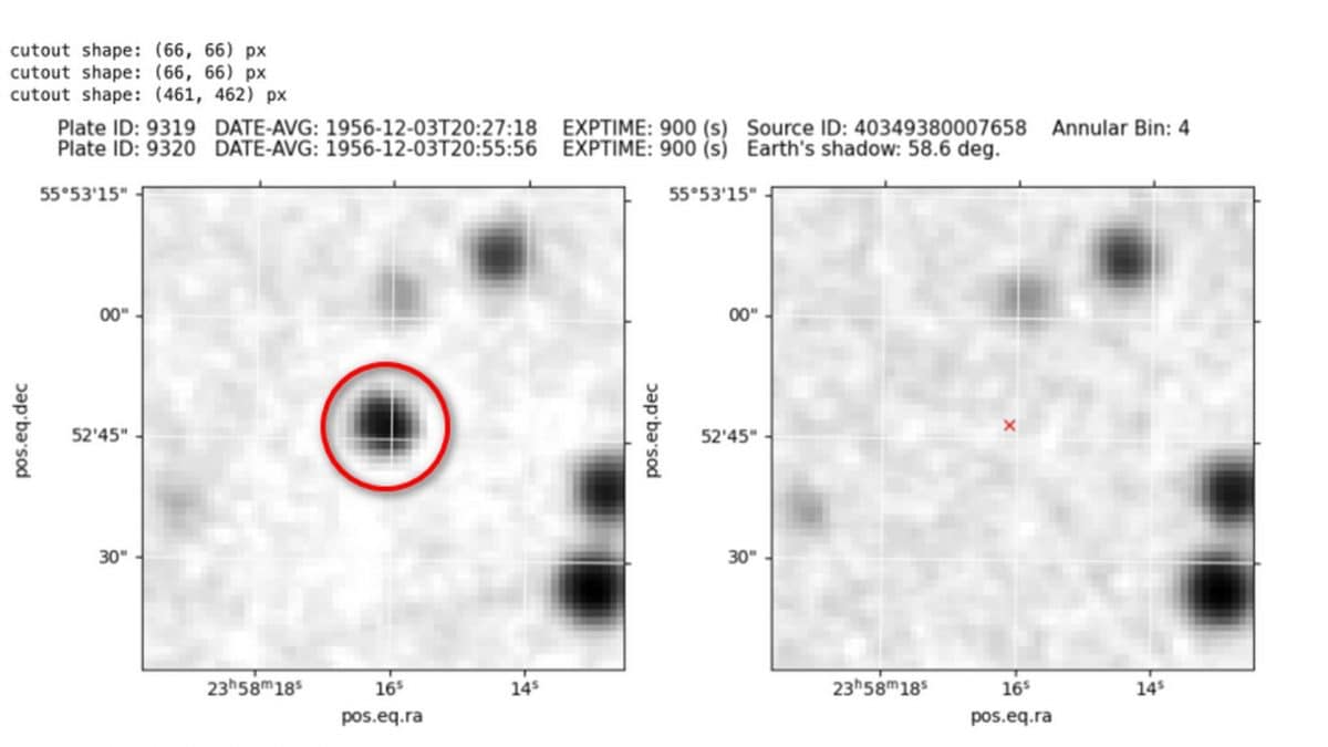 Una lastra fotografica che mostra la presenza di un misterioso oggetto transiente, presente nella prima e assente nella seconda. Credit: Ivan Busko/ArXiv