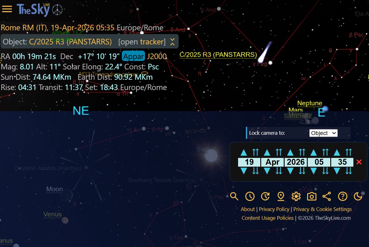 La posizione della cometa nel cielo di Roma nel giorno del perielio (19 aprile) alle 05:35. Credit: TheSkyLive