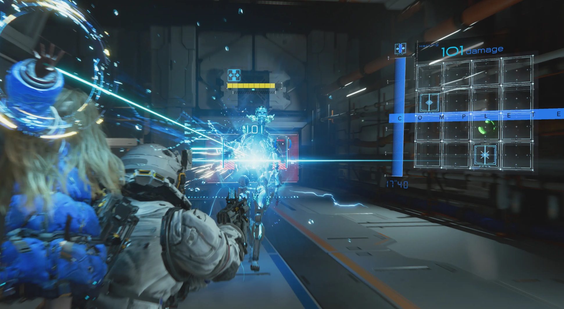 PRAGMATA | Per abbattare i nemici, bisogna indebolirli con l’hacking di Diana tramite un minigioco di tasti, mentre Hugh può attaccarli a viso aperto con le armi.