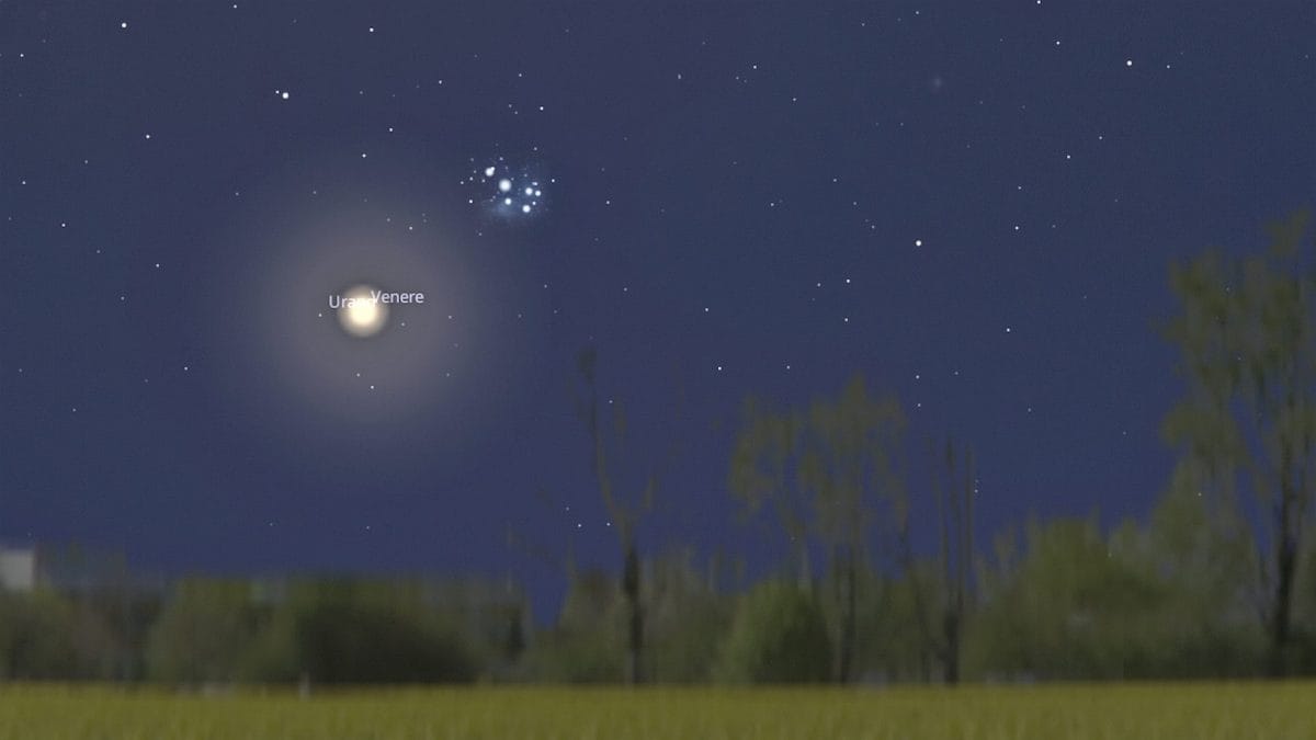 La congiunzione astrale tra Venere e le Pleiadi del 23 aprile 2026. Credit: Stellarium