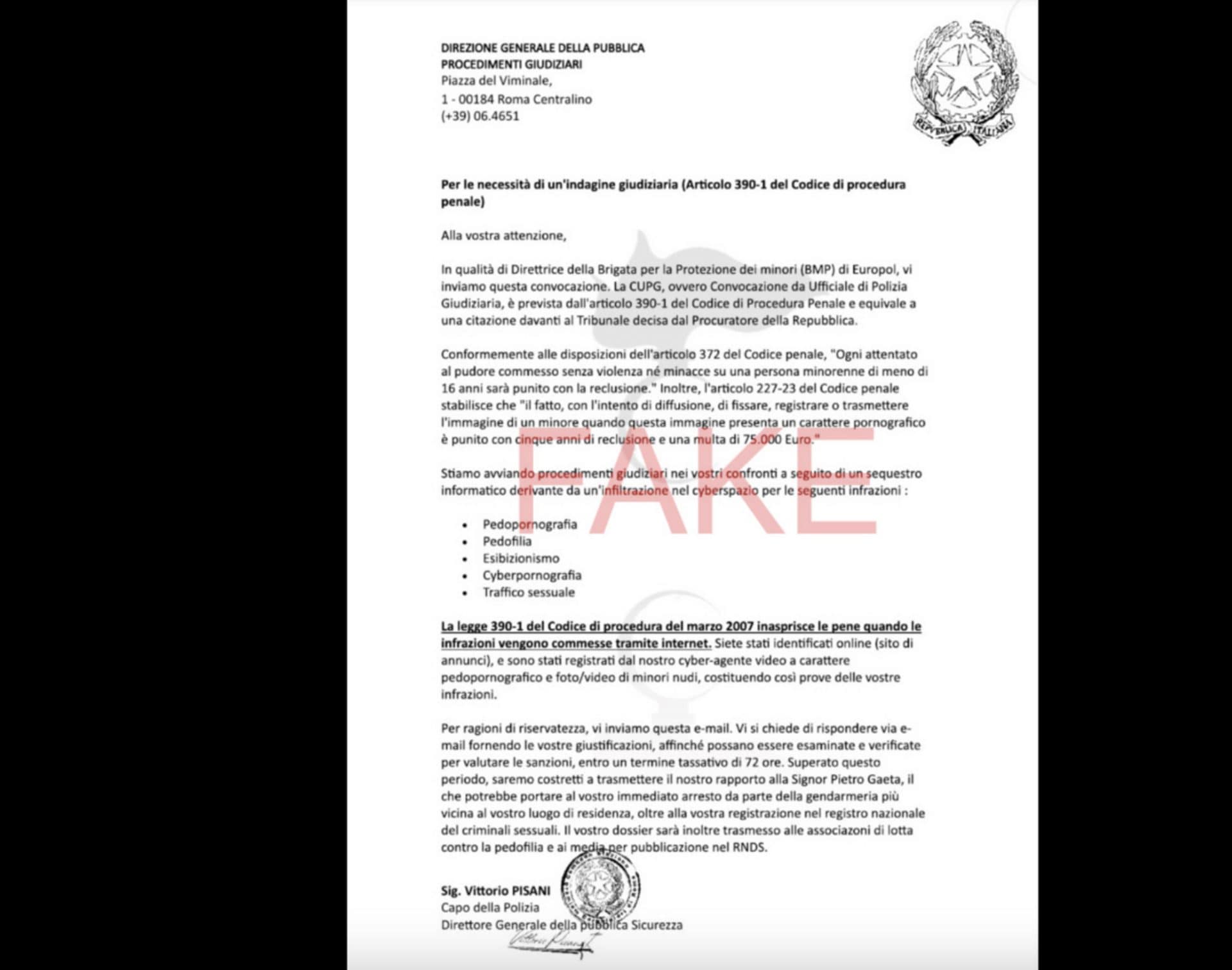 Esempio di mail fake diffuso dalla Polizia di Stato