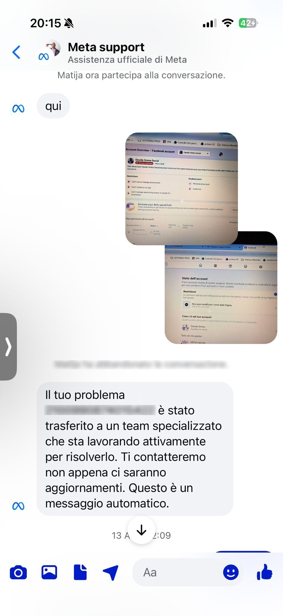Screen di una delle tante conversazioni affrontate da Omino con l’assistenza di Meta