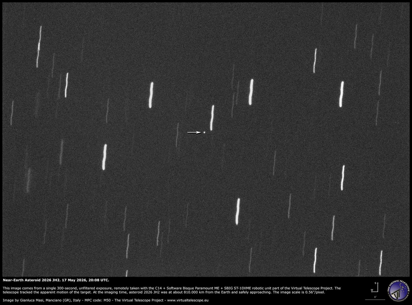 L’asteroide 2026 JH2 ripreso dal Virtual Telescope Project. Credit: Gianluca Masi/VTP