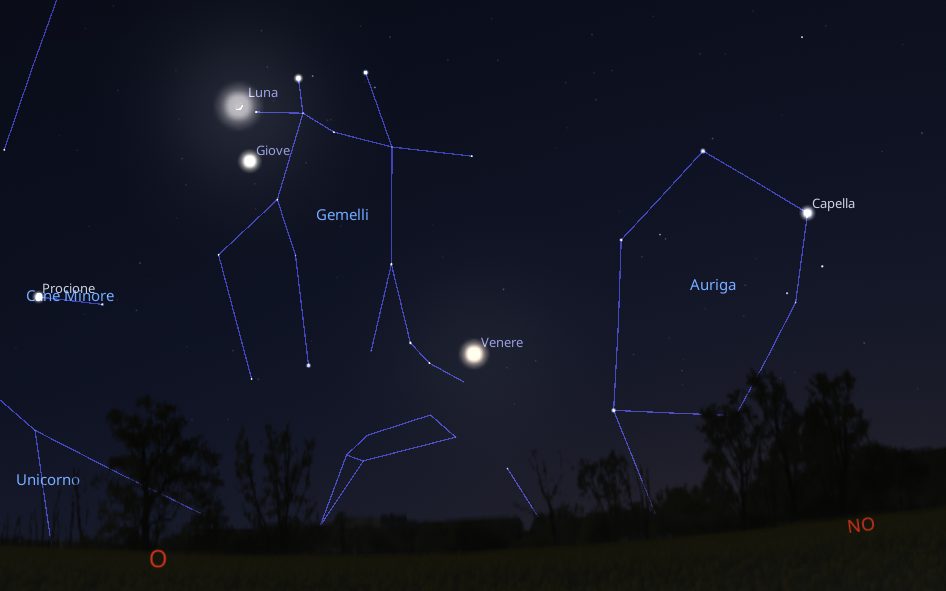 Luna, Giove e Venere nella costellazione dei Gemelli il 20 maggio 2026. Credit: Stellarium