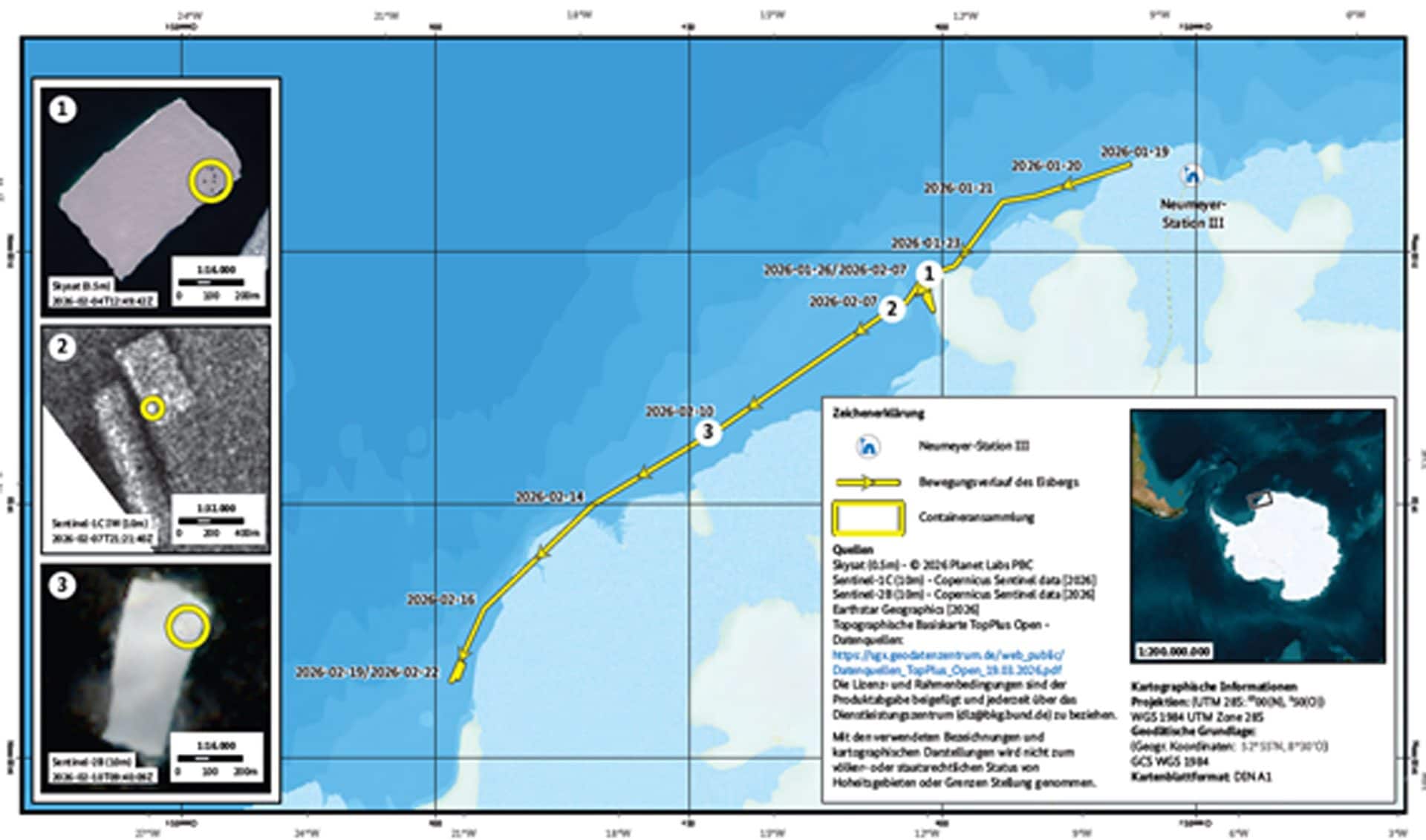La mappa ricostruisce il percorso dell’iceberg con i container nel Mare di Weddell tra gennaio e febbraio 2026. Fonte: AWI