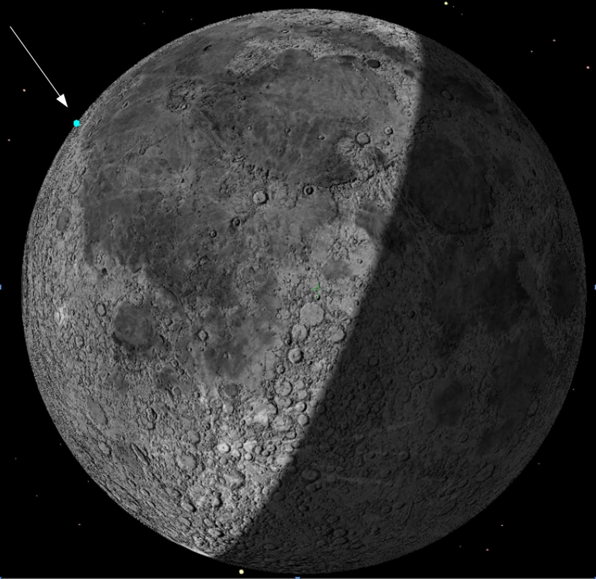 Il punto (in azzurro) indica l’area della Luna dove è previsto l’impatto dello stadio superiore del Falcon 9, secondo i calcoli dell’astronomo Bill Gray.