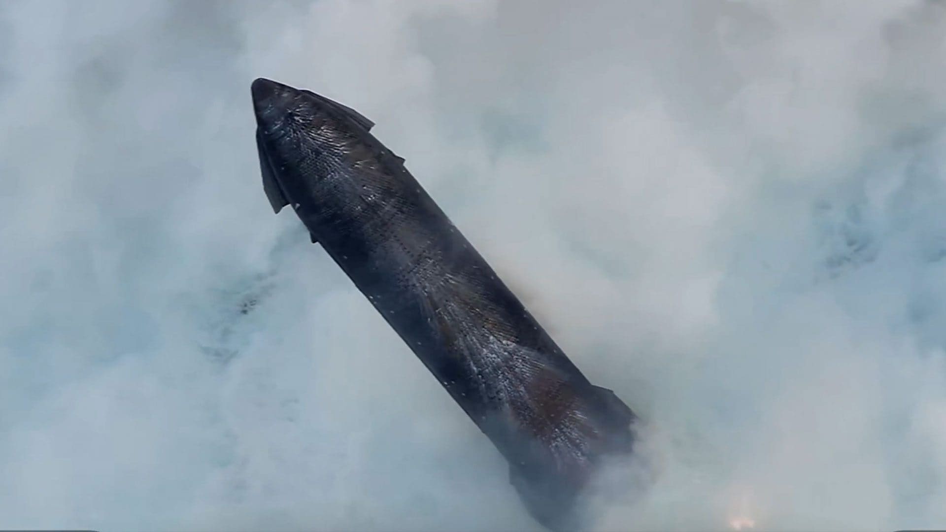 Starship si ribalta prima dell’esplosione finale nell’Oceano Indiano. Fonte: SpaceX