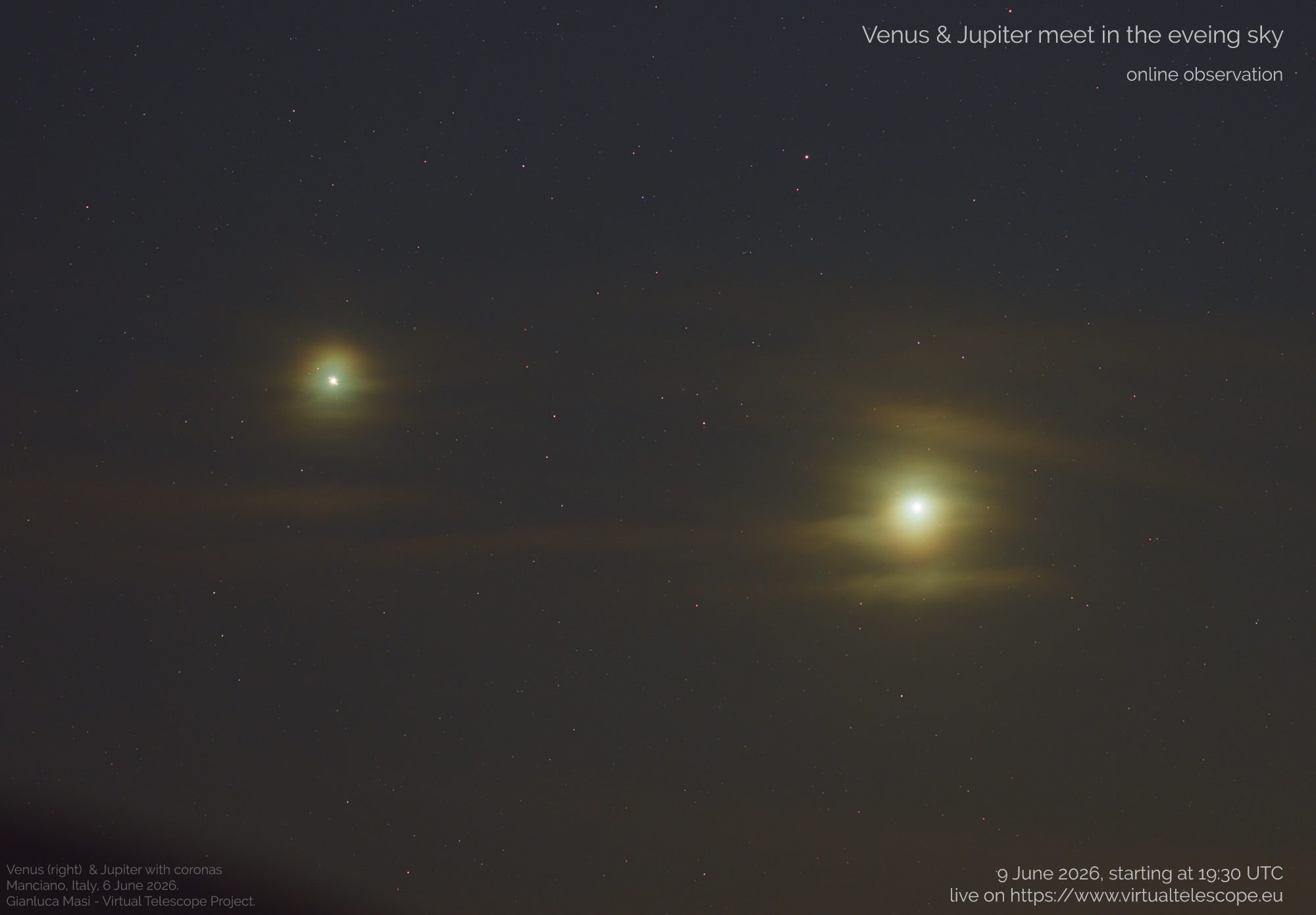 Congiunzione astrale tra Venere e Giove. Credit: Gianluca Masi / Virtual Telescope Project