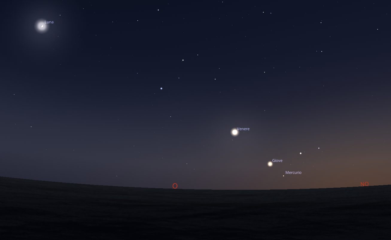 La parata di stelle e pianeti (con la Luna) del 21 giugno 2026. Credit: Stellarium