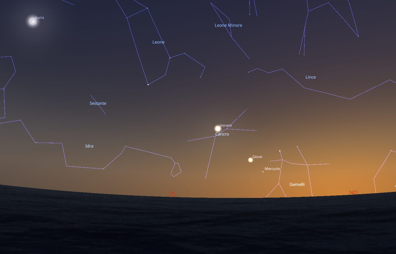 La parata di stelle e pianeti del 21 giugno, con le costellazioni. Credit: Stellarium
