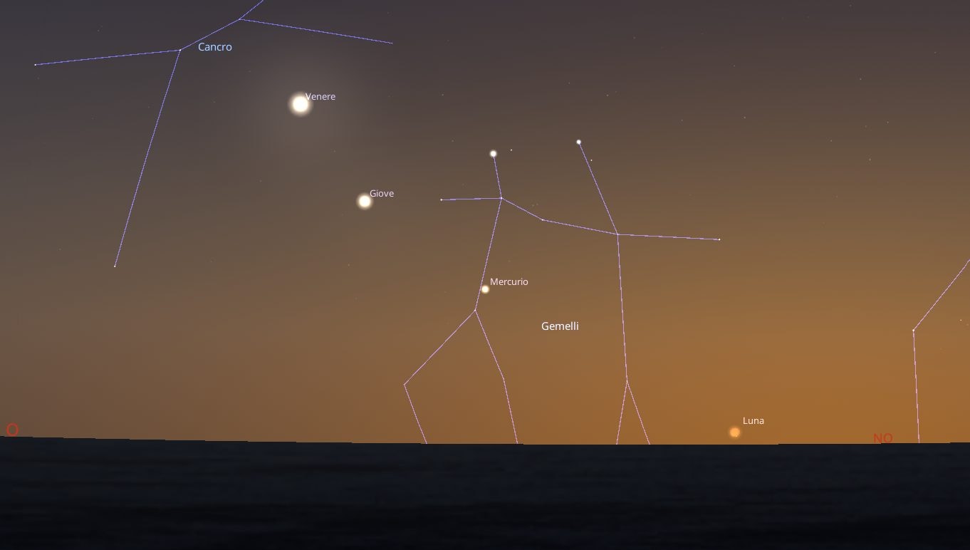 L’allineamento planetario del 15 giugno con le costellazioni. Credit: Stellarium