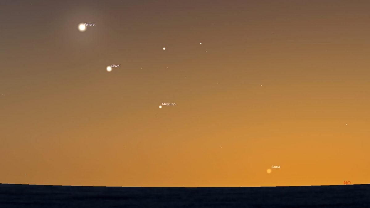 L’allineamento di Venere, Giove, Mercurio e Luna del 15 giugno 2026. Credit: Stellarium