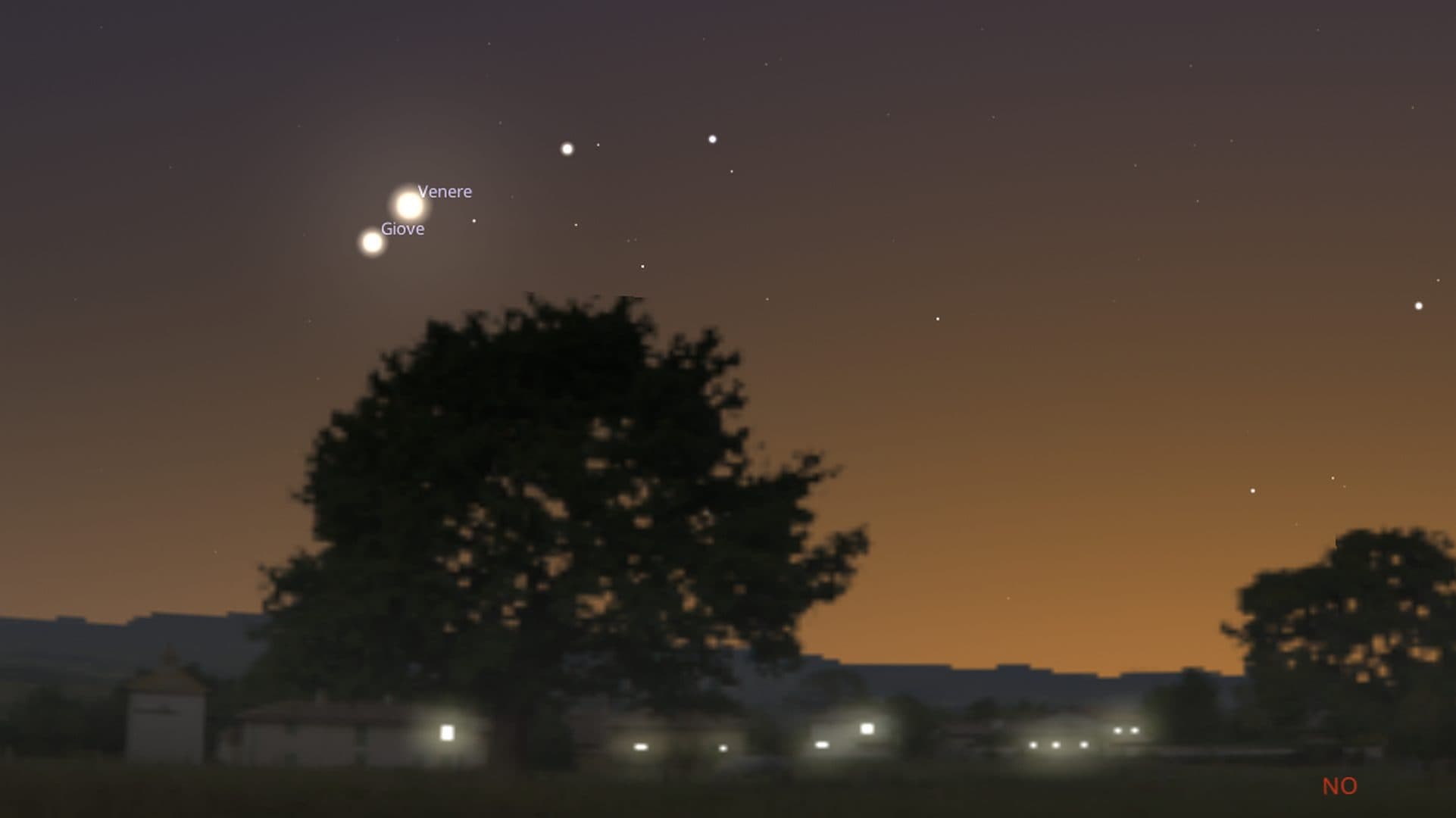 Il bellissimo bacio di Giove a Venere del 9 giugno. Credit: Stellarium