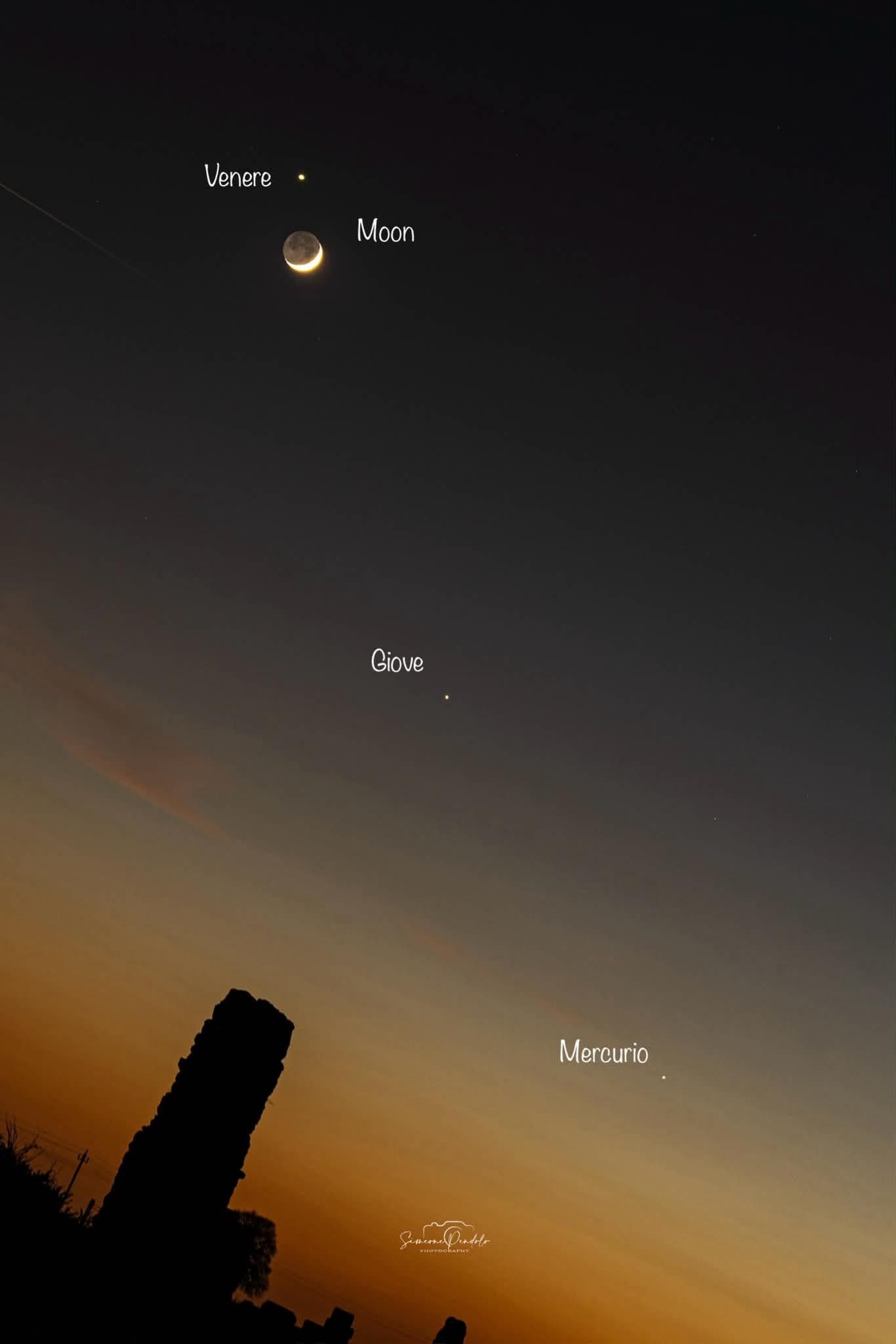 L’allineamento tra Venere, Luna, Giove e Mercurio del 17 giugno. Credit: Simeone Pendolo
