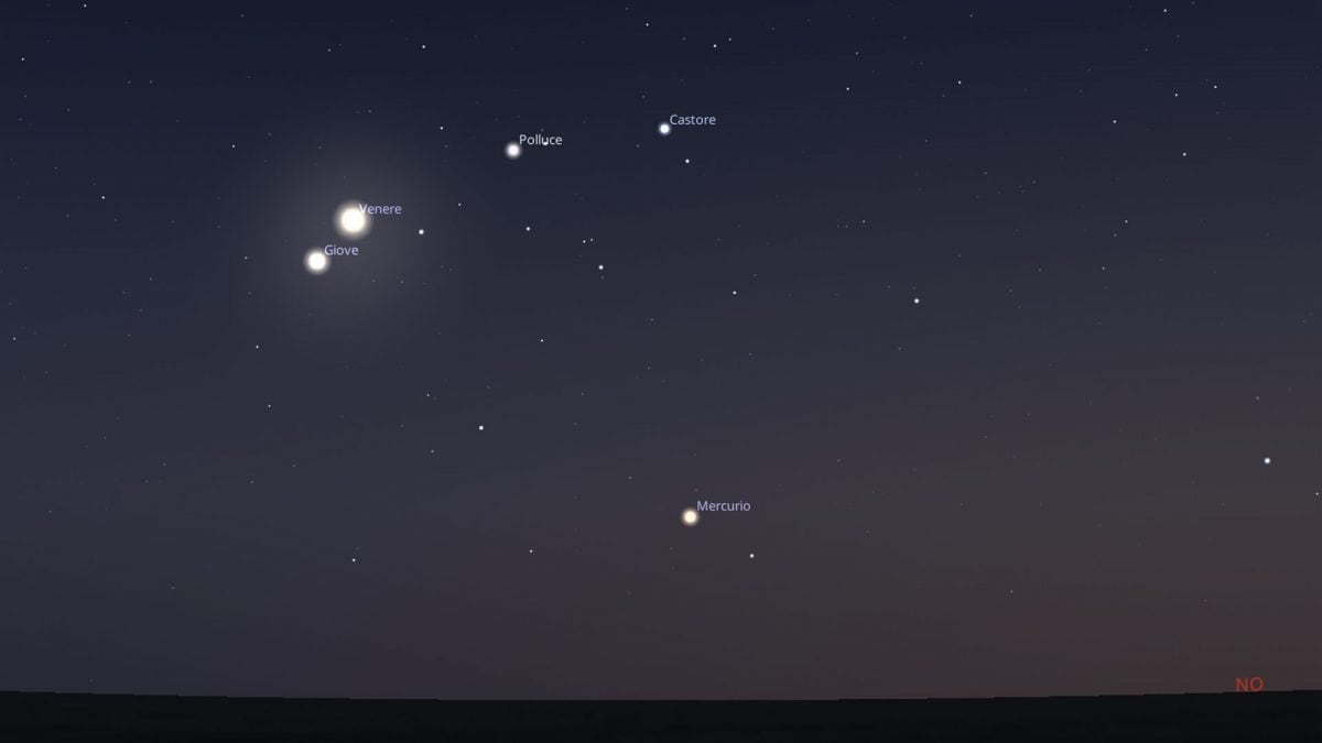 Il bacio del 9 giugno 2026 tra Giove e Venere, in compagnia di Mercurio, Castore e Polluce. Credit: Stellarium
