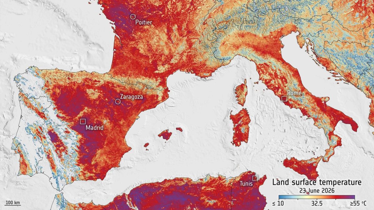 La mappa dell’ESA mostra le altissime temperature al suolo legate alla cupola di calore che sta investendo l’Europa. Credit: ESA