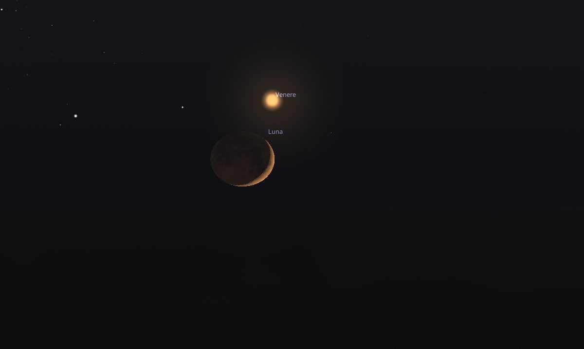 La falce di Luna e Venere ravvicinatissimi. Credit: Stellarium