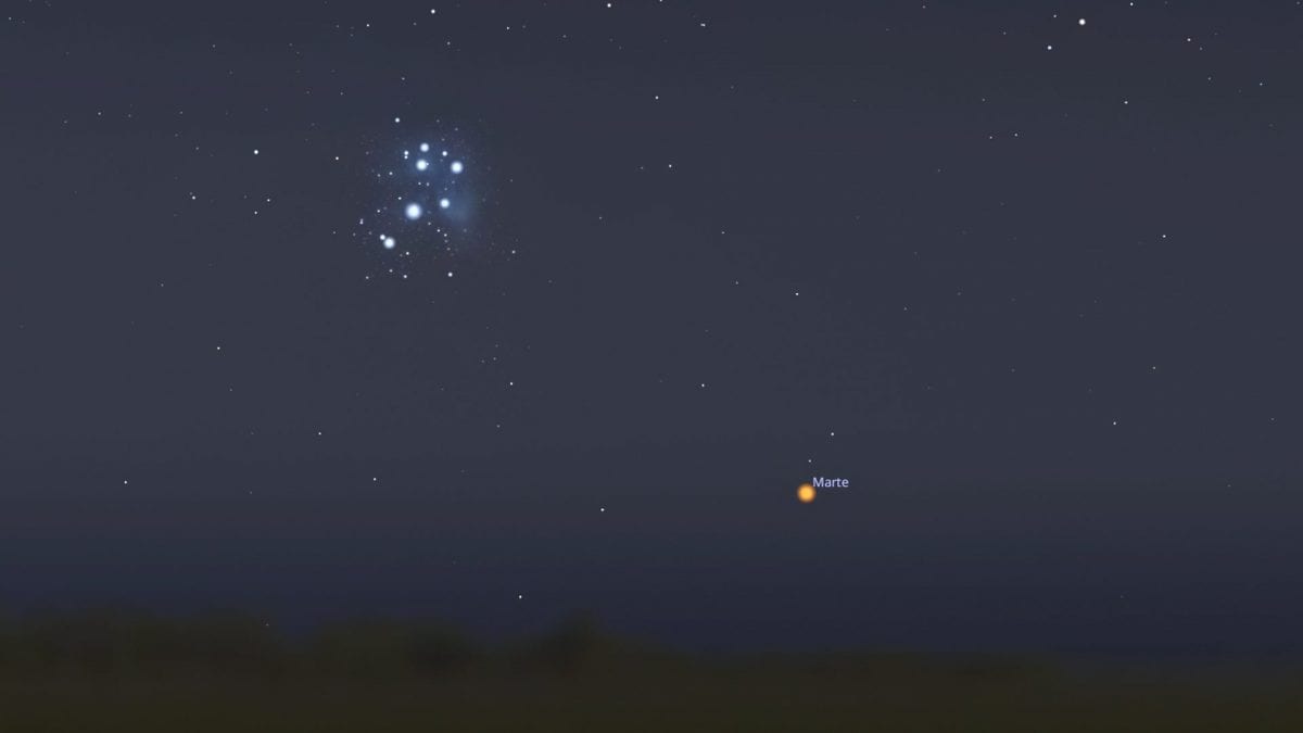 La congiunzione astrale del 27 giugno tra Marte e le Pleiadi. Credit: Stellarium