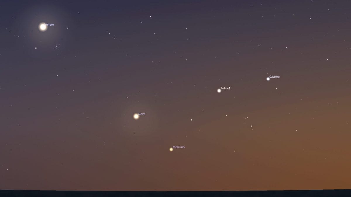 La parata di stelle e pianeti nel cielo del 21 giugno, giorno del solstizio d’estate 2026. Credit: Stellarium