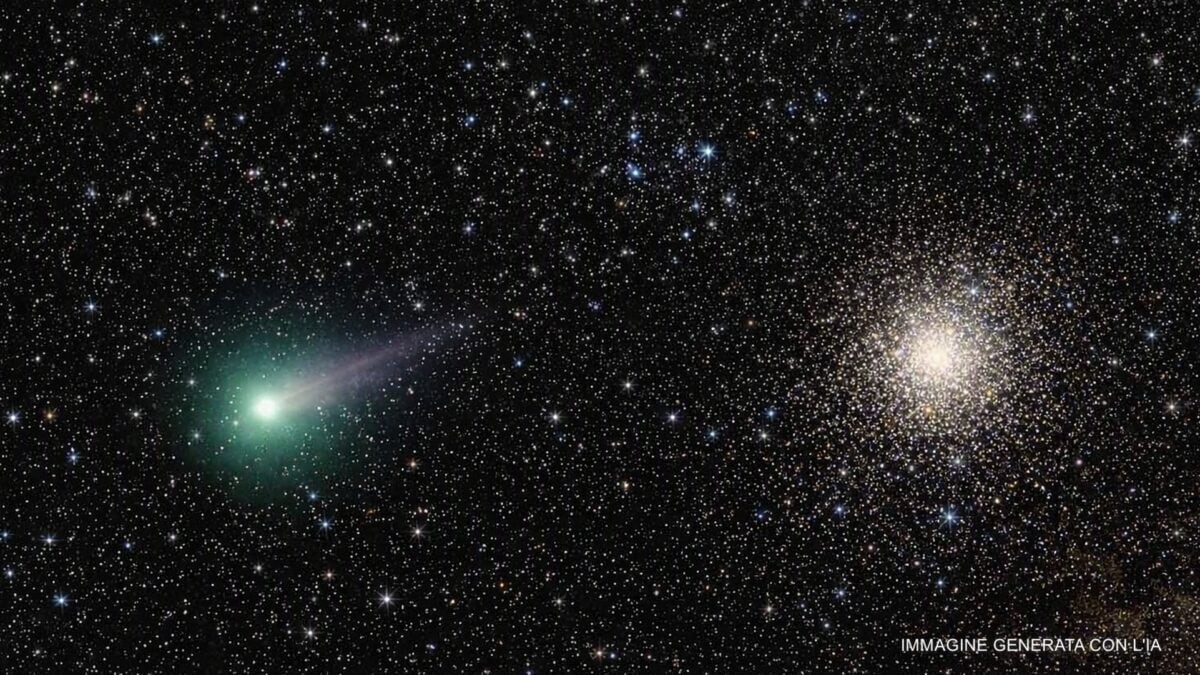 La cometa Tempel 2 vicina all'ammasso globulare M30. Immagine generata con l'IA