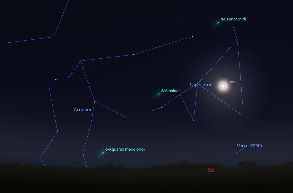 Il radiante delle Delta Aquaridi Meridionali e La Luna Piena del Cervo. Credit: Stellarium