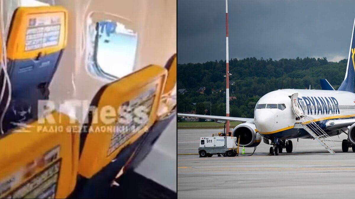 A sinistra il finestrino rotto, a destra un Boeing 737–800 della Rayanair. Credit: Radio Salonicco / Getty