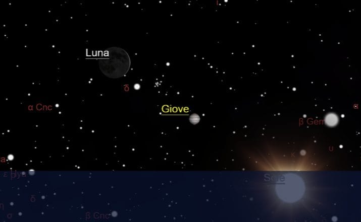 La posizione di Giove rispetto alla Luna questa sera, attorno alle 20:45 ora di Roma. Credit: TheSkyLive