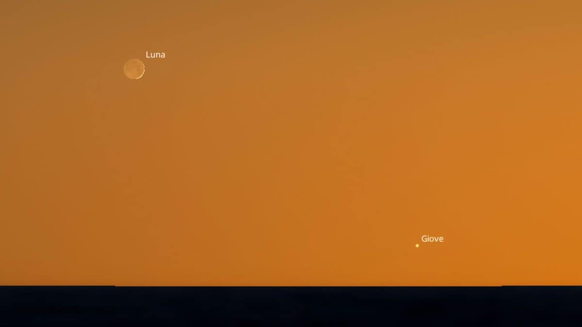 Il bacio della Luna a Giove di oggi, 15 luglio 2026. Credit: Stellarium