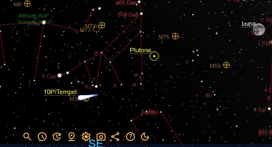 Mappa stellare che mostra la cometa Tempel 2 vicina a M30, stasera alle 23:00. Credit: TheSkyLive
