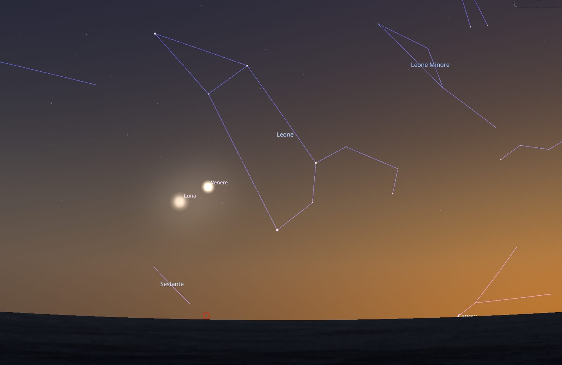 La Luna e Venere sotto la costellazione del Leone la sera del 17 luglio 2026. Credit: Stellarium