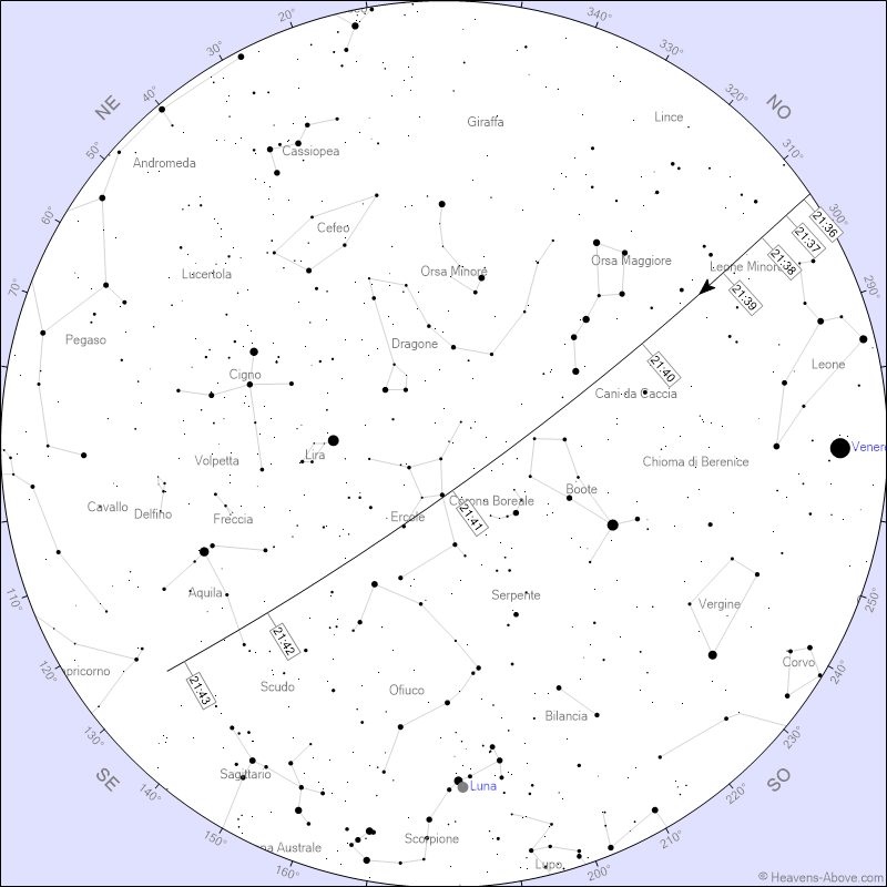 La mappa stellare con il transito della ISS centrato su Roma (ma valido per tutta Italia). Credit: heavens–above.com