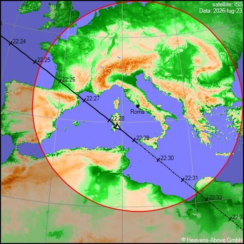 La visibilità della ISS la sera del 23 luglio in tutta Italia (riferimento su Roma). Credit: heavens–above.com