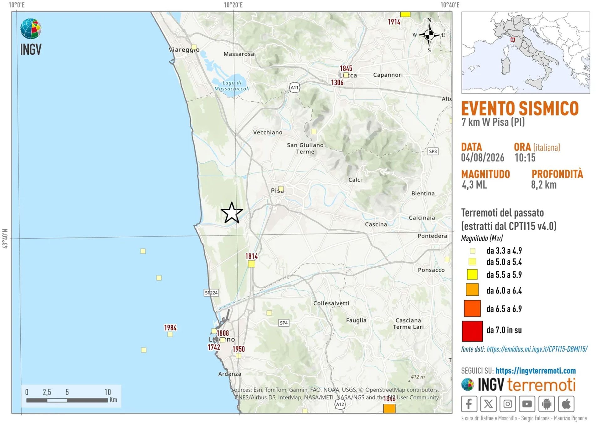 La mappa dell'INGV mostra il terremoto di magnitudo 4.3 del 4 agosto 2026 e i principali eventi sismici storici registrati nell'area tra Pisa e la costa tirrenica